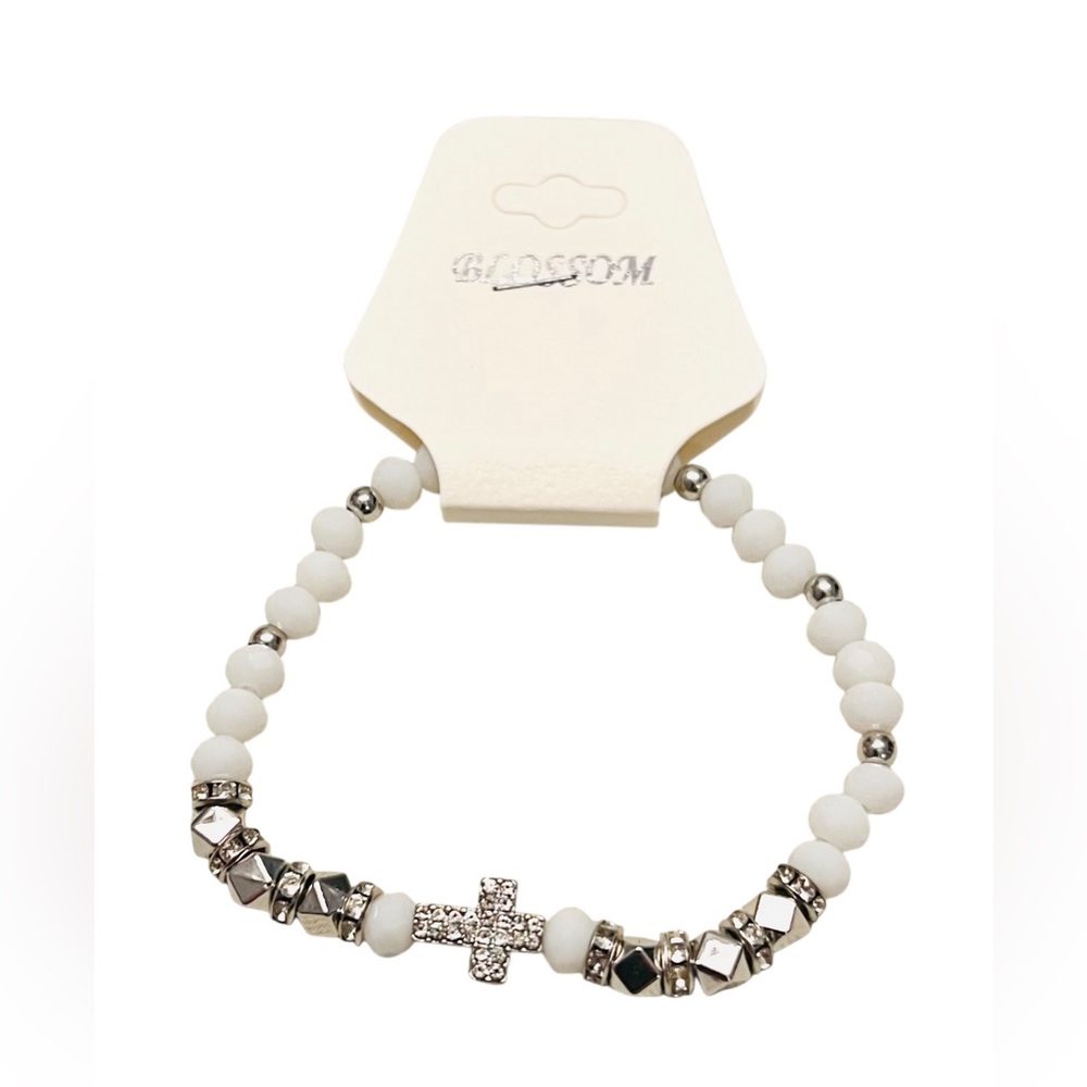 Beaded Cross Stretch Bracelet – Silver-Toned/White Accents & Rhinestone